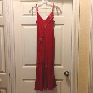 Betsey Johnson Vintage Red Silk Bias Slip Dress w Flower & Embroidery Size 4